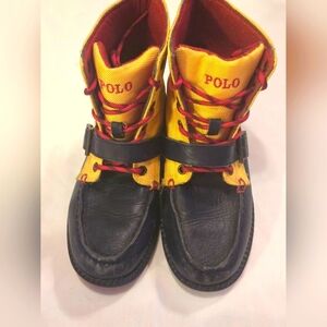 Ralph Lauren Boy's Leather Ranger Hi II Boot in Navy/ Yellow  Leather- SZ 4 C